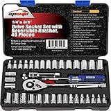 EPAuto 40 Pieces 1/4-Inch & 3/8-Inch Drive Socket Set with 72 Tooth Reversible Ratchet