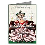 8 5x7 Vintage Holiday Greeting Cards In A Boxed Set Of a Woman With a Red Striped Dress Playing the Piano For A Merry Christmas