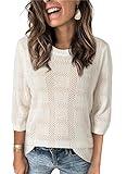 Dokotoo Womens Fashion Casual Spring Summer Shirts and Tops for Women 2024 Trendy Dressy Crew Neck Pullover Sweater T-Shirts 3/4 Sleeve Tunic Tops Hollow Out Loose Shirts White Large