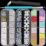 Mixed 3D Nail Art Gem Decoration Accessories Kit #1, Aurora Bear Bow Butterfly Starry AB Rhinestone Charm Jewelry for Deco, Pearl Flower Caviar Bead Stone Crystal with Dual-End Brush and Tweezer