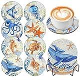 8 Pcs Diamond Art Painting Coasters Diamond Coasters with Holder, DIY Ocean Set Coasters Diamond Art Painting Kits for Adults, Kids & Beginners, Diamond Craft Supplies, Marine Life Coasters for Drinks