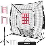 BAGAIL 7x7 ft Baseball & Softball Practice Net with Bow Frame for Batting, Hitting, Pitching, Portable Baseball Throwing Net with 2 Strike Zone Batting Tee, Carry Bag, Great for All Levels