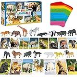 15 PCS Safari Animal Figurines with 15 Introducing Flashcards, Realistic Zoo Animal Figures Montessori Toys Science Educational Matching Game for Homeschool Preschool Toddler Kids