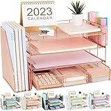 gianotter Paper Letter Tray Organizer with File Holder, 4-Tier Desk Accessories & Workspace Desk Organizers with Drawer and 2 Pen Holder for Office Supplies (Rose Gold)