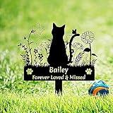 GRJIRAC Custom Cat Name Memorial Grave Stake Marker, Personalized Floral Cat Memorial Grave Marker, Customized Flowers Butterfly Cat Memorial Stake Outdoor Metal Grave Plaque Cat Memorial Statue