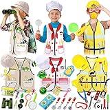 Deekin 3 Sets Kids Dress Up and Pretend Clothes with Plastic Toys for Toddler 3-7 Ages, Role Play Construction Worker, Chef, Explorer Dress Up Vest for Boys Girls Costumes Accessories Play