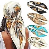 AWAYTR Satin Large Square Head Scarves - 4PCS Silk Like Neck Scarf Lightweight Hair Sleeping Wraps for Women (Cashew(Black/Blue/Camel/Beige))