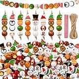 Cinnvoice 240 Pcs Christmas Wood Beads with Twine Santa Gingerbread Man Elf Penguin Snowman Wooden Beads Garland Christmas DIY Crafts Round Beads for Xmas Winter Party Farmhouse Home Decor