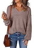 SHEWIN Womens Fall Fashion 2024 Crochet Sweaters Casual Lightweight Long Sleeve Hollow Out Sweater Tops V Neck Cable Knit Pullover Jumper Fall Outfits for Women, US 8-10(M), Apricot Pink