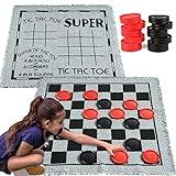 3-in-1 Vintage Giant Checkers, Tic, Tac, Toe, Game with Reversible Mat, 24 Chips, Family Board Game, Lawn Game, BBQ Party Favor, Indoor and Outdoor Activity for Kids and Adults