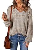 SHEWIN Womens Crochet Sweaters Long Sleeve V Neck Lightweight Sweater Hollow Out Cable Knit Pullover Jumper Fall Tops for Women 2024, US 4-6(S), Brown