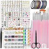 FANDAMEI Nail Art Decorations & Brushes Set, Nail Art Brushes, Dotting Tools, 54 Sheets Water Transfer Nail Art Stickers, Nail Striping Tape, Nail Foils, Rhinestones For Nails, with Tweezer & Scissors