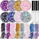 8 Jars of Cosmetic Chunky Glitter Shimmer Body Face Hair Eye Musical Festival Carnival Dance Halloween Party Beauty Makeup Temporary Tattoos Multicolored (80g/2.82oz) + Quick Dry Glitter Glue(10ml)