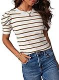 Dokotoo Brown Striped Tops for Women Fashion 2024 Trendy Cute Crewneck Summer Blouses Puff Short Sleeve Loose T Shirts Dressy Casual Knit Tops Slim Fit Spring Outfits Clothes Large