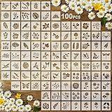 100 Pcs Stencils for Painting on Wood Reusable Stencil Crafts Drawing Templates Holiday Stencils Wall Paper Stencil Set for DIY Art Scrapbook Home Decor 2 x 2 Inch (Flower, Plants)