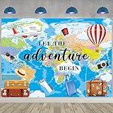 Adventure Awaits Backdrop Travel Theme Photography Backdrop Let The Adventure Begin Banner World Map Graduation Travel Birthday Baby Shower Party Decorations Background (7X5FT(82x59inch))