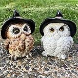 Basuo-9Q Pack of 2 Realistic Owls Halloween Decoration White Snow Owl in Witch Hat Home Decorative Sculptures Photo Props Collectible Gift (White+Brown)