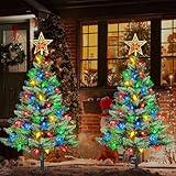 Upgraded Set of 2 Solar Christmas Tree, Outdoor Christmas Decorations,Prelit Xmas Tree w/ 100 LED Multi-color C6 String Lights for Outsdie Holiday Display Yard Front Porch Pathway Grave Cemetery Decor