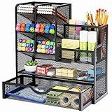 Marbrasse Mesh Pen Holder for Desk, Desk Organizer with Drawer, Multi-Functional Pencil Organizer, Desk Organizers and Accessories for Office Art Supplies (Black)