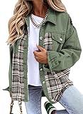 SHEWIN Denim Jackets for Women Long Sleeve Plaid Shacket Jacket Womens Fashion Business Casual Oversized Fall Outfits for Women 2024 Green Large