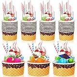 Sunnyray 48 pcs Ice Cream Cups with Ice Cream Cards Summer Snack Cups Disposable Ice Cream Party Paper Cups 8 oz Ice Cream Sundae Bowls for Ice Cream Themed Party Decorations Supplies