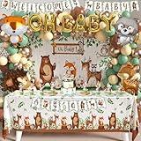 Woodland Animals Baby Shower Decoration Pack Forest Animal Neutral Gender Reveal Party Supplies Woodland Themed Birthday Party Ideas Set 106 Pcs Backdrop, Tablecloth, Cake Toppers, Balloons (Woodland