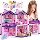 Dollhouse with 2 Princesses, 4 Unicorns, Dog, Furniture and Accessories - Pink and Purple Dream Doll House Toy for Little Girls - 5 Rooms w/Garden, Furniture and Accessories, Gift for Girls Ages 2-8