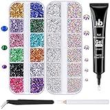 Nail Art Rhinestone Glue Gel&2 Boxes Flatback Gems Accessories Kit, 1 Tube of 15ml Rhinestone Gel Glue(UV/LED Needed)+Colorful Gems+Flat-Back Round Glass Crystal AB&Clear Gemstones with Pickup Tools