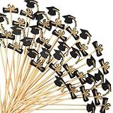 100 Pcs Graduation Cocktail Picks 4.7 Inch Bachelor Hat Bamboo Cocktail Toothpicks Wooden Cocktail Sticks for Graduation Sports Party Fruit Sandwich Picks (Black, Gold)