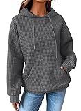 SHEWIN Womens Sweatshirt Casual Long Sleeve Drawstring Waffle Solid Hoodie Pullover Tops Loose Hooded Sweatshirts Trendy Hoodies for Women,US 8-10(M),Dark Grey