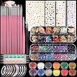 Teenitor Nail Art Brushes Nail Art Tools, Nail Brushes for Nail Art Kit with Nail Stickers, Nail Design Kit Nail Design Brushes Nail Gems, Dotting Tools Nail Art Stickers Nail Glitter Nail Accessories