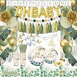 Guudmua 217 Pcs Sage Green Baby Shower Decorations, Neutral Baby Shower Decor Supplies- Disposable Dinnerware Set With Eucalyptus Leaf (25 Guest), "OH BABY" Banner, Balloon, Sash, Cake Topper