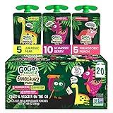 GoGo squeeZ Fruit & veggieZ Variety Pack, Jurassic Pear, Roarrrr Berry & Prehistoric Peach, 3.2 oz (Pack of 20), Unsweetened Snacks for Kids, No Gluten, Nut & Dairy, Recloseable Cap, BPA Free Pouches