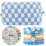 58 Pcs Checkered Makeup Bag Set Preppy Aesthetic Cosmetic Bag Travel Makeup Pouch Toiletry Bag 7 Heishi Surfer Bracelets with 50 Cute Preppy Stickers for Women Girls Teens Gift (Blue)