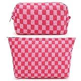 SOIDRAM 2 Pieces Makeup Bag Large Checkered Cosmetic Bag Capacity Canvas Mix Travel Toiletry Bag Organizer Cute Makeup Brushes Aesthetic Accessories Storage Bag for Women, Checkered Mix Rose Red