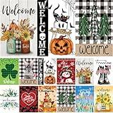 Seasonal Garden Flags Set of 12 Double Sided 12 x 18 Inch Yard Flags, Small Garden Flags for Outside, Fall Winter Halloween Christmas Outdoor Flags, Holiday Garden Flags for All Seasons