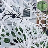 Giant Beef Netting Spiderwebs Halloween Decorations, Pre-Cut Spider Web Super Stretchy DIY Spider Webbing with Stakes, Gauze Cobwebs for Haunted House Yard Tree Garden Halloween Party Outdoor Decor