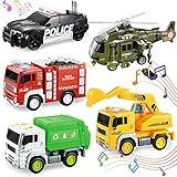 5 Pack Friction Powered Truck Toy Set(8 Inch) Including Garbage Truck, Construction Truck, Fire Truck, Police Car, Helicopter, All with 4D Stunning Light and Sound, Vehicles Toys for Boy Toddler Kid