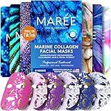 MAREE Facial Masks with Marine Collagen & Hyaluronic Acid - Sheet Moisturizing Masks for Face with Green & Red Algae Extract for All Skin Types - Hydrating Skin Care Mask with Pearl Extract - 6 Pack