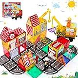 Magnetic Tiles Road Set with 2 Cranes & Double-Sided Magnet Tiles,Boys Toys for Ages 3-5 5-7 8-12,STEM Magnetic Building Construction Toys Include Car,Stations,Dolls,Roads,Signs,Gifts for 3+ Kids