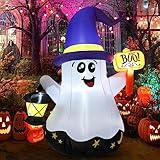 GOOSH 5 FT Halloween Inflatables Ghost Outdoor Decorations Blow Up Yard Cute Wizard Ghost with Hand-Held Light with Built-in LEDs for Garden Lawn Indoor Party Decor