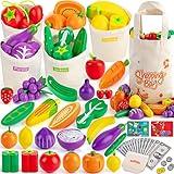 Sundaymot 69 PCS Wooden Play Food Toys, Shopping Play Toys with Canvas Tote & Sorting Bags, Pretend Toddler Toys Farmers Market Color Sorting Set with Wooden Fruits & Veggies, Play Kitchen Accessories