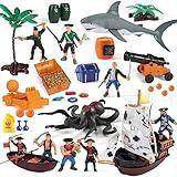 Pirate Action Figures Playset with Boat, Treasure Chest, Cannons, Shark, Pirate Ship Toys-Pirate Toy, 50 PCS Kids Pretend Adventure Set Figures, Birthday Gifts for Age 2 3 4 5 6 Year Old Boys Girls