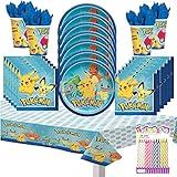 Pokémon Party Supplies Pack Serves 16: Dinner Plates Napkins Cups and Table Cover with Birthday Candles (Bundle for16)