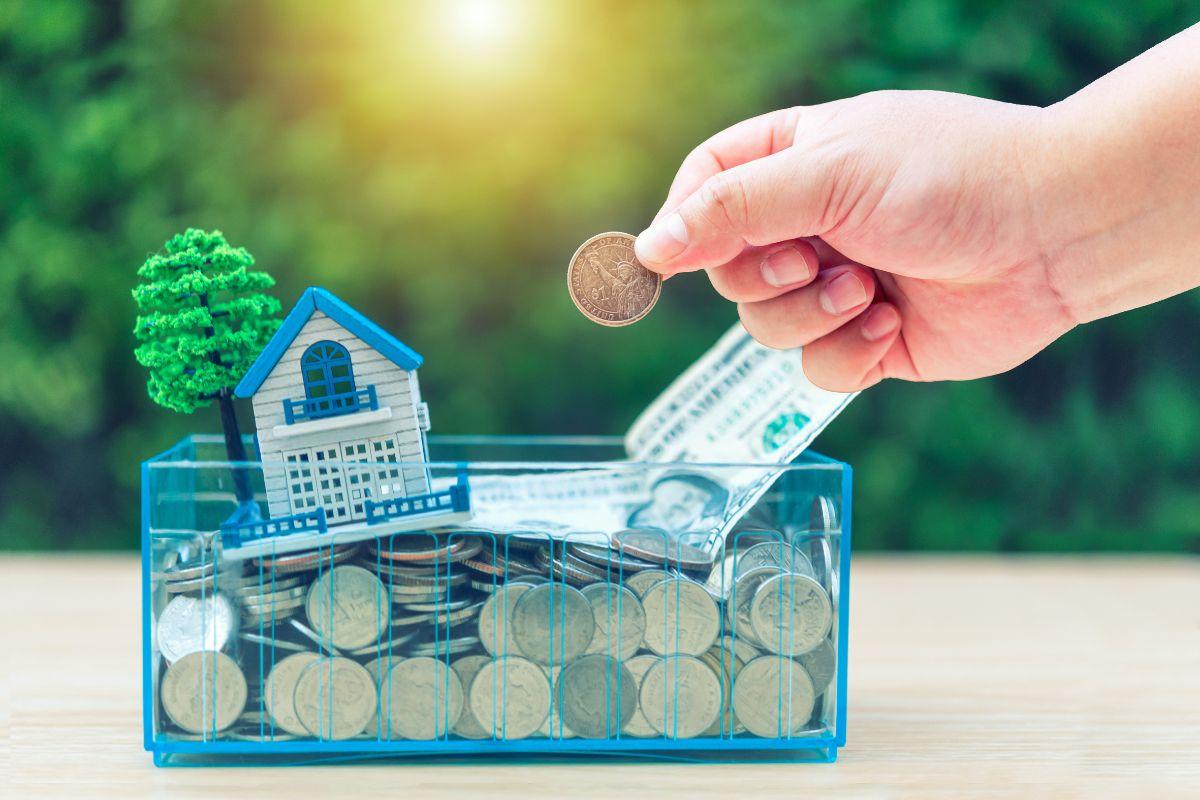 Hand placing a coin into a clear box filled with money, featuring a small model house and tree symbolizing savings for home investment.