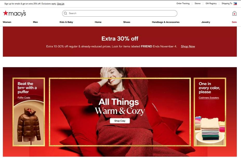 Screenshot of Macy's website featuring a sale banner with 30% off, images of puffer coats, a cozy sweater ad, and a display of cashmere sweaters in various colors.