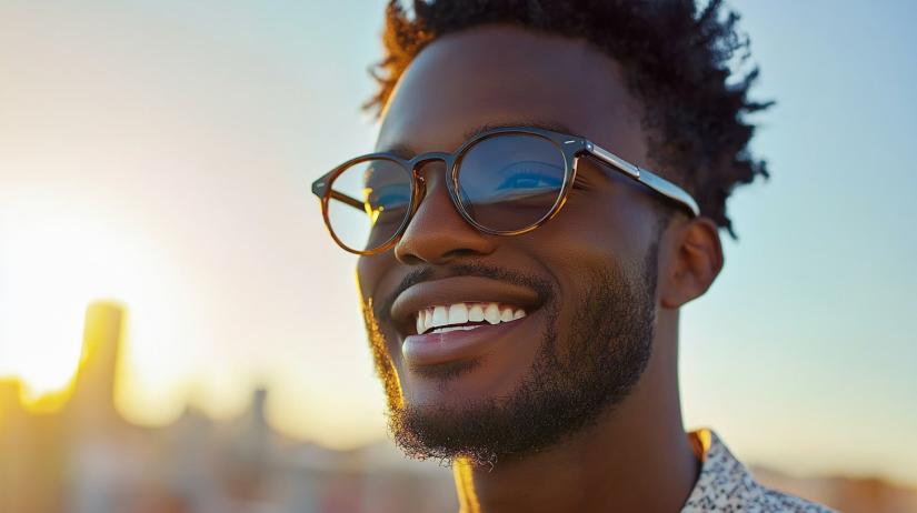 A close-up of a stylish smiling man wearing Zenni Optical's advanced EyeQLenz smart glasses, showcasing photochromic lenses transitioning from clear to tinted in sunlight. The glasses feature an anti-reflective, scratch-resistant, and water-repellent coating, with the person's face illuminated by soft, natural sunlight outside. A modern cityscape in the background suggests a seamless blend of indoor and outdoor environments.