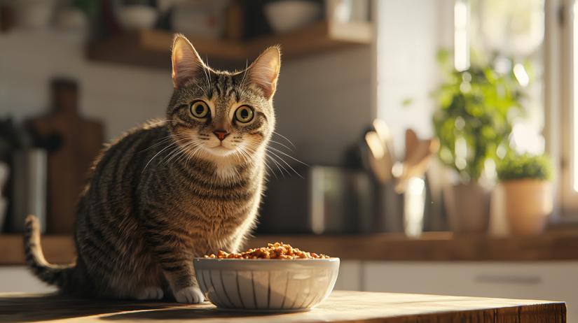A tabby cat with wide curious eyes sits on a wooden countertop in a cozy kitchen. In front of her is a bowl filled with chewy cat food. The kitchen is warmly illuminated by sunlight coming through the adjacent window and creating a soft glow. In the background there are blurred kitchen utensils, potted plants and shelves that create an atmosphere of home comfort.