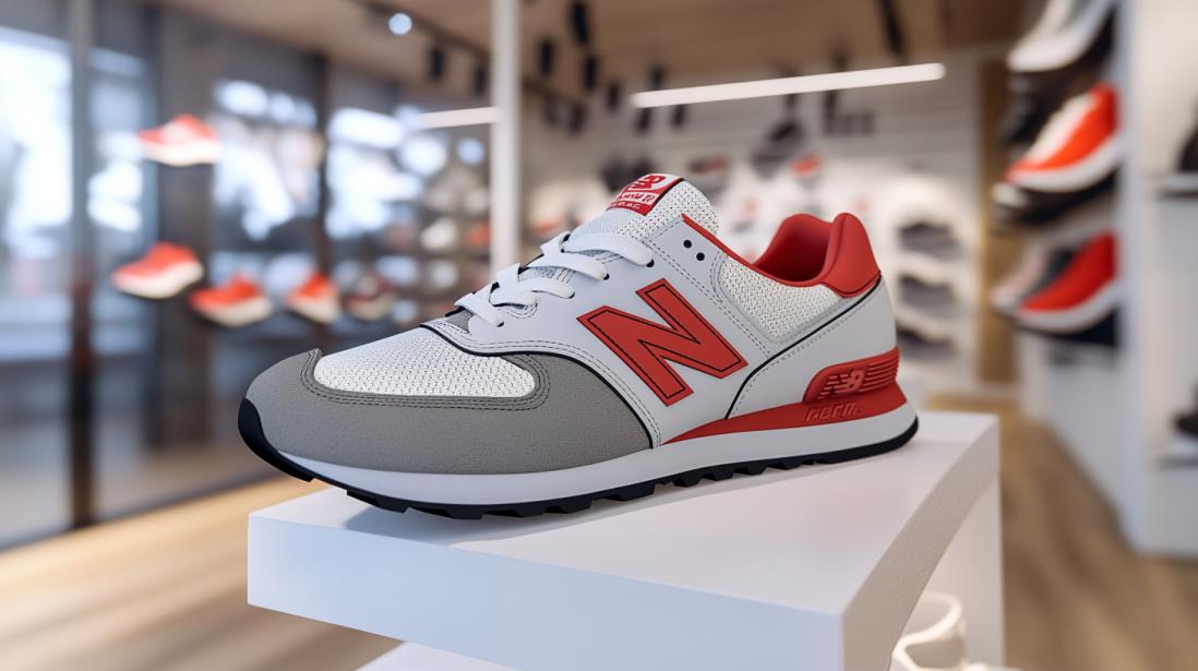 A stylish New Balance sneaker displayed prominently in a modern store, showcasing the sleek design and quality associated with the New Balance brand.