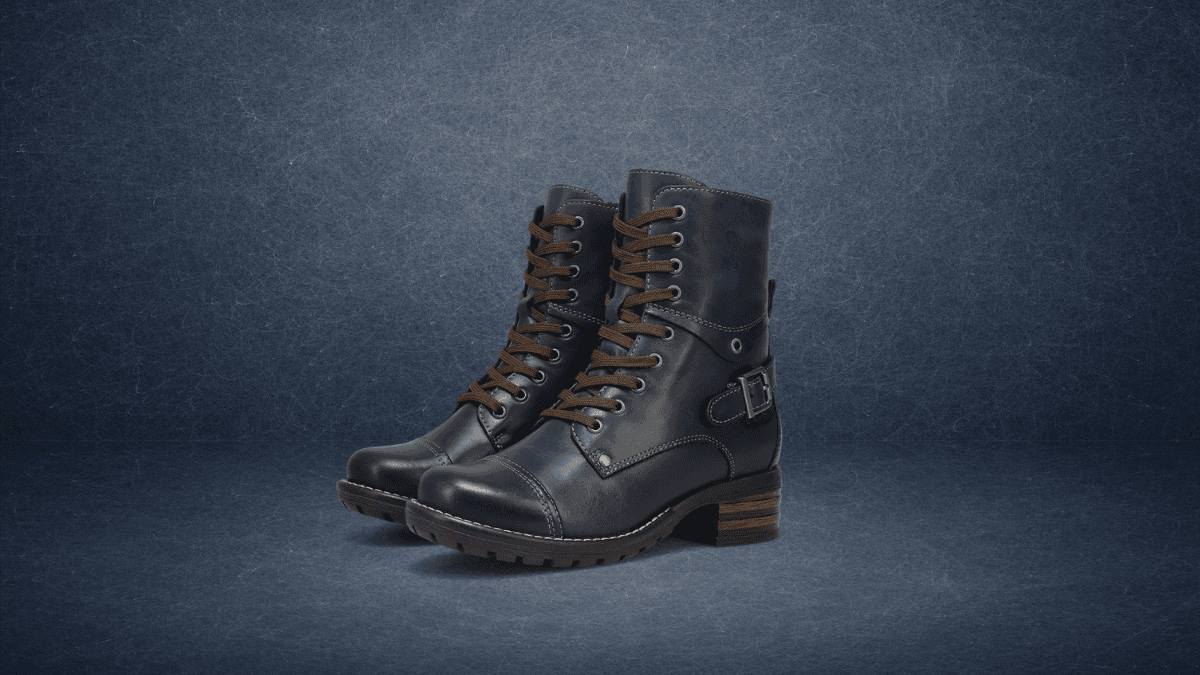 A pair of dark navy leather lace-up boots with brown laces, side buckles, and low wooden heels, set against a textured gray background. These boots feature a rugged, treaded sole, combining style with durability.
